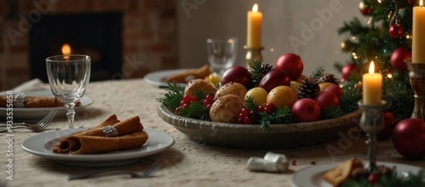 Obraz Table served for Christmas dinner in living room, close up view