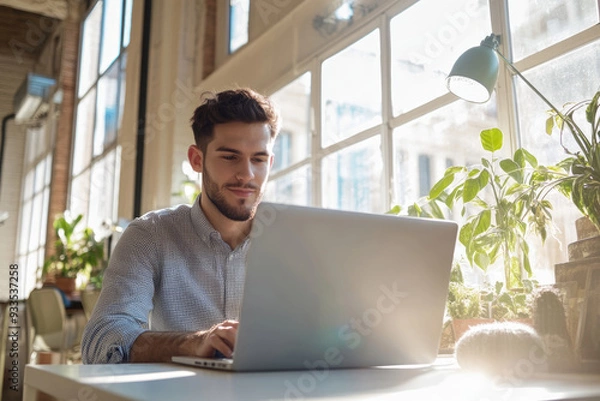 Obraz High-resolution brightly lit photorealistic candid photograph of a young marketer focused on his laptop in a bright, airy office with a joyful ambiance. The photograph is styled like a high-end