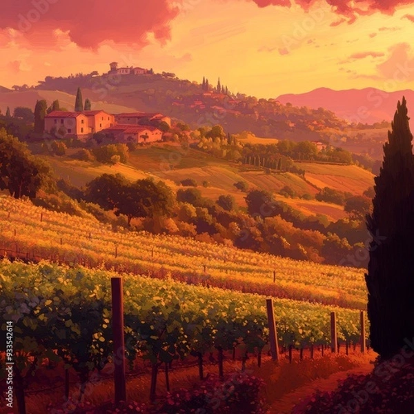 Fototapeta Enchanting Tuscan Landscape: AI-Generated Pointillist-Style Digital Art of Vineyards and Hills at Sunset. Elegant Abstract Illustration for Marketing, UI Design, and High-Resolution Wallpapers. Minima