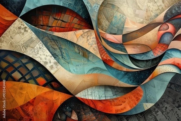 Fototapeta Abstract Composition of Curving, Textured, and Patterned Shapes in Blues, Oranges, and Browns