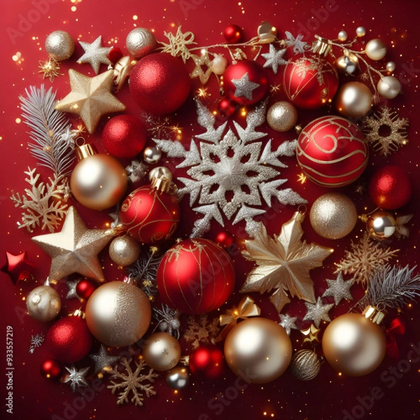 Fototapeta Red Christmas Background with Many Golden Red Balls and Snowflakes
