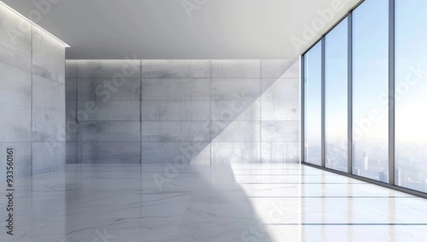 Fototapeta Empty modern office interior with floor-to-ceiling windows overlooking cityscape.