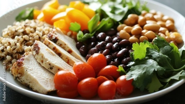 Fototapeta A simple, clean image of a balanced meal on a plate, featuring lean proteins, like chicken or beans, with colorful vegetables and a side of whole grains.