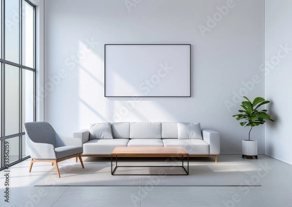 Fototapeta living room with a large blank frame mockup on the wall, a white sofa and coffee table, soft natural light