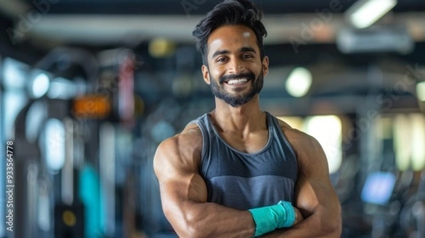 Fototapeta Man in gym with crossed arms, wearing tank top and green wristband. Bright, uplifting atmosphere with exercise equipment visible in mirror wall reflection.