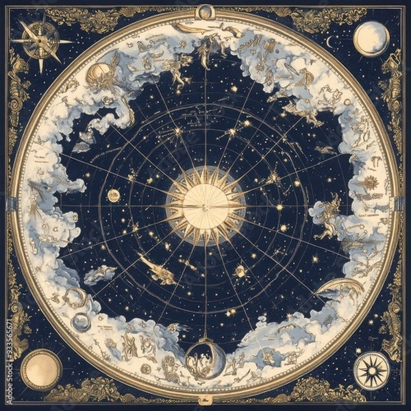 Fototapeta A meticulously detailed celestial map, designed in a vintage style reminiscent of ancient star charts. 