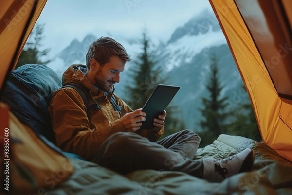 Obraz Man using tablet in tent with mountain view