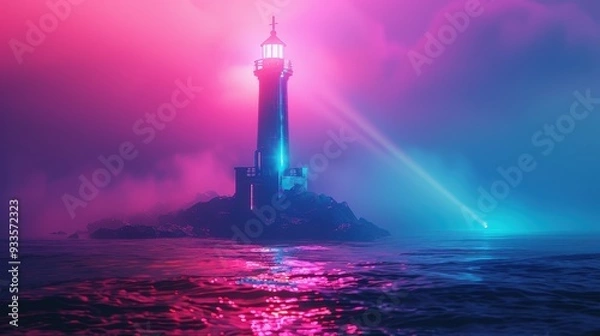 Fototapeta Neon Lighthouse: A beacon of hope and guidance in a surreal landscape, bathed in vibrant neon hues. The lighthouse stands tall, its light piercing the mist and casting long