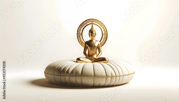Fototapeta Golden Buddha in Meditation: A serene and minimal 3D rendering of a golden Buddha statue in a meditative pose, set against a minimalist white background. The statue is adorned with intricate details 