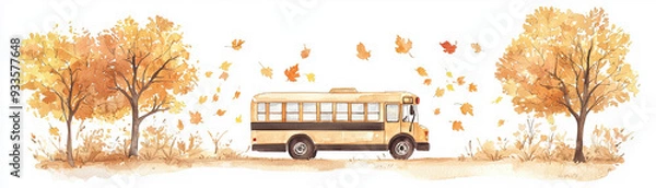 Fototapeta School bus parked under autumn trees, leaves falling, seasonal transition, Watercolor style