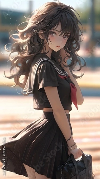 Fototapeta An anime-style full-body painting in high-definition, showcasing a detailed and realistic portrayal. The character is illuminated by bright daylight