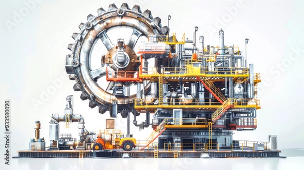 Fototapeta A vibrant industrial setup displaying large gears and machinery involved in oil production, illustrating the energy and evolution of the oil industry
