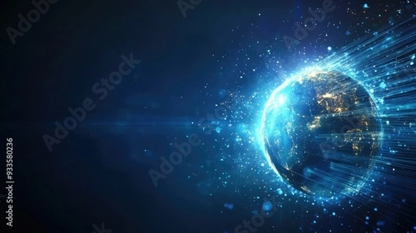 Obraz A tech-inspired Earth globe with fiber optics streaming across, symbolizing the digital age and global networks, with copy space for text.