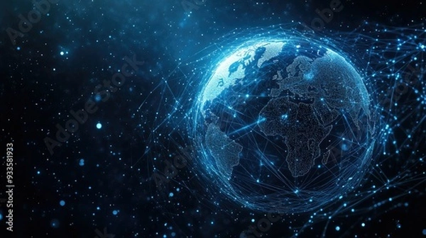 Obraz A tech-inspired Earth globe with fiber optics streaming across, symbolizing the digital age and global networks, with copy space for text.