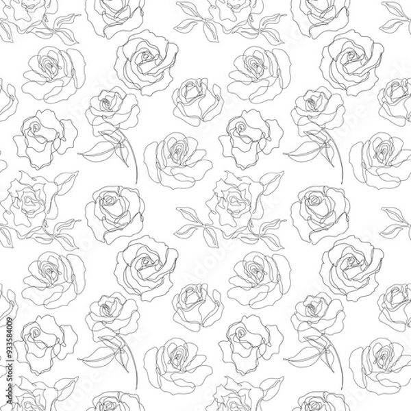 Fototapeta Seamless pattern with hand drawn roses continuous line. Floral background.