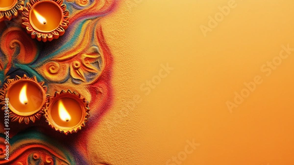 Fototapeta Glowing diwali diyas with patterns laid out on colorful sand. Happy Diwali. Hindu festival of lights celebration. Colorful traditional oil lamp diya on orange background with copy space, space for tex