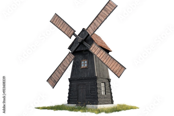 Fototapeta Classic Windmill with Rotating Blades Isolated on White Background