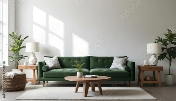 Fototapeta Green velvet sofa with white and gray patterned pillows, wooden coffee table, and natural light from windows.