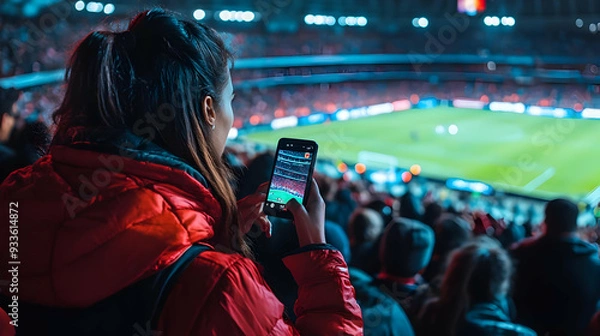 Fototapeta Capturing the Excitement: A Fan Films the Game on Their Phone at a Packed Stadium
