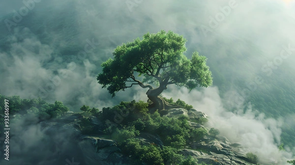Obraz June 5 is World Environment Day. The concept of nature protection. A lonely ancient tree on top of a mountain in the fog