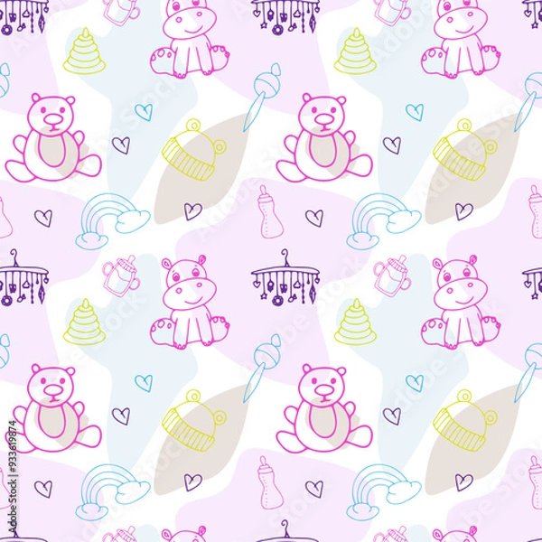 Fototapeta Set of child's life doodles, sketch outline elements. Sweets, toys, rainbow, sun and other elements for your design. Seamless background. Vector illustration
