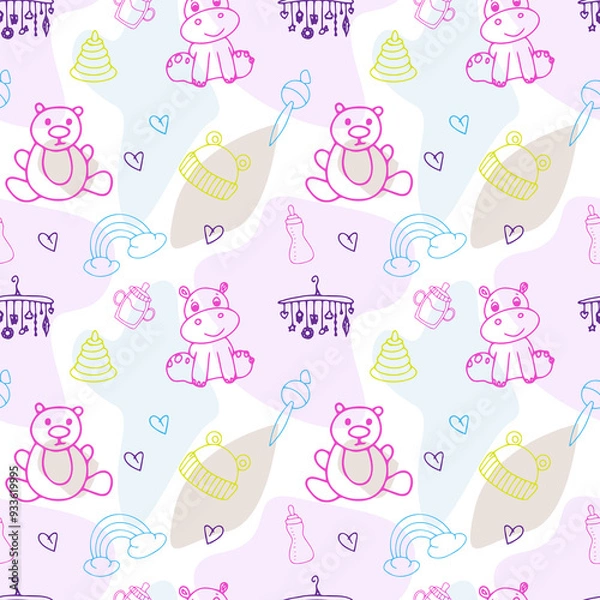 Fototapeta Set of child's life doodles, sketch outline elements. Sweets, toys, rainbow, sun and other elements for your design. Seamless background. Vector illustratio