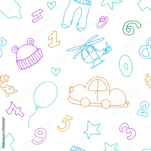 Fototapeta Cute baby seamless pattern with animals and toys and rainbow. Seamless texture.