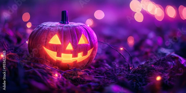 Fototapeta Halloween Jack-o'-lantern glowing in the dark with purple bokeh lights in the background. Ideal for spooky-themed designs.