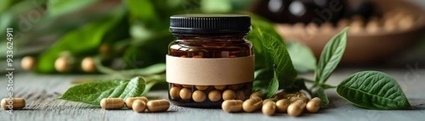 Obraz Soy-based Vegan Vitamin Supplements in Open Bottle with Natural Leaves and Soybeans