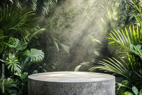 Fototapeta Empty round stone platform podium in tropical garden. Product display pedestal template, presentation stone table. Podium jungle product platform with generative ai