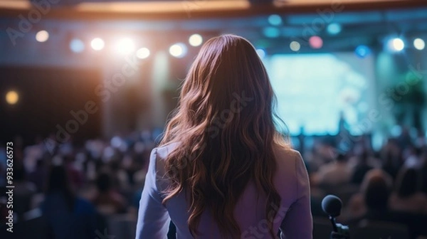 Fototapeta Female Speaker Addressing a Large Audience on Stage at a Conference or Event