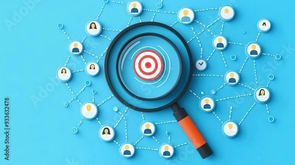 Fototapeta A magnifying glass highlighting a target in a network of connected individuals, representing focus and analysis in social media.