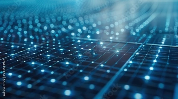Fototapeta A digital grid of glowing blue dots, representing data and technology connections.