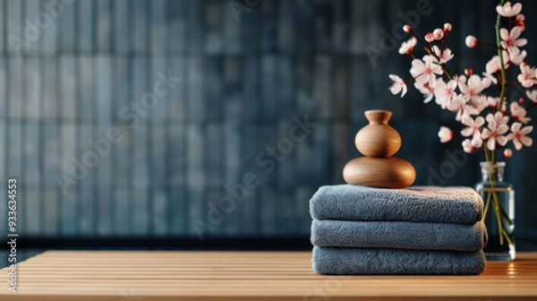 Fototapeta Stack of soft gray towels with spa decor and cherry blossom branches on a wooden table, creating a serene atmosphere.