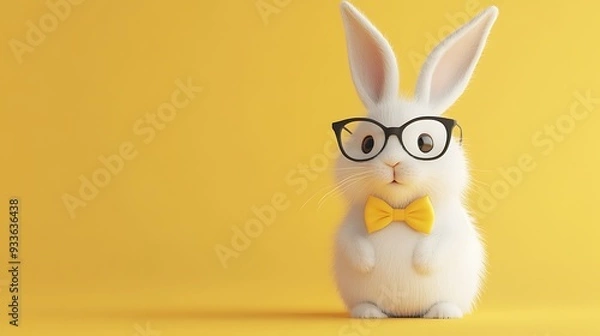 Fototapeta Curious White Bunny in Yellow Bowtie and Glasses - Fluffy Fur and Minimalist Background in HD Quality, C4D Rendering