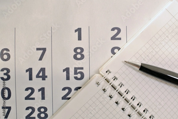 Obraz Calendar, pen and notebook with blank pages