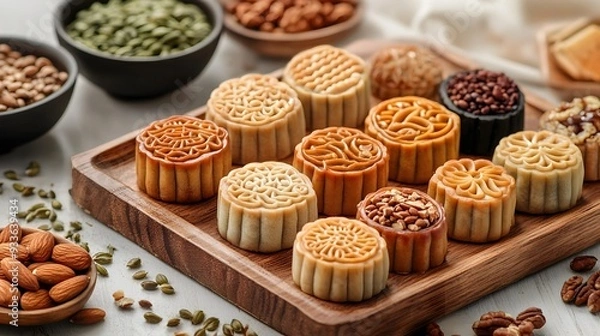 Fototapeta Assorted Mooncakes with Mixed Nuts A Delightful Harmony of Flavors and Textures Displayed on a Wooden Platter with Scattered Ingredients Capturing the Essence of Mid Autumn Festival