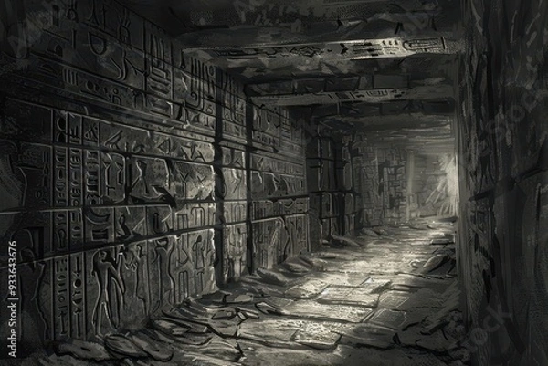 Fototapeta A Dark and Mysterious Corridor Lined with Ancient Hieroglyphs