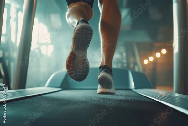 Fototapeta person running on a treadmill with their legs spread apart. Concept of motion and energy, as the person's legs are in motion and the treadmill is moving. The image also suggests a focus on fitness