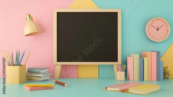 Fototapeta Charming workspace with chalkboard, colorful books, and stationery, evoking creative and organized atmosphere. 