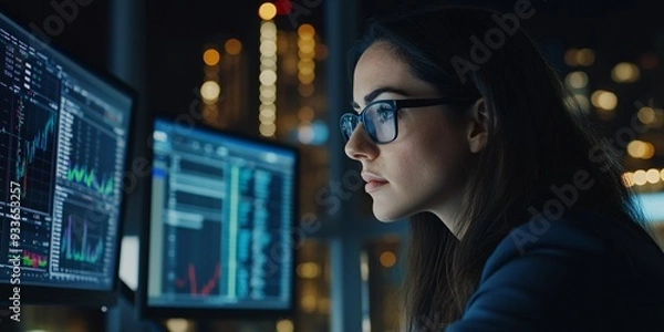 Obraz Femme analysant des données numériques, économique, financière. Codage, et cybersécurité, menace informatique, données des utilisateurs et violation de la vie privée. Intelligence artificielle, IA 