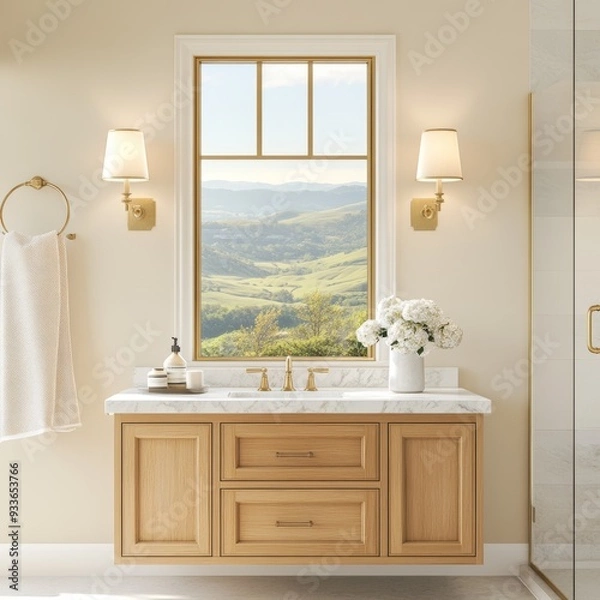 Fototapeta An interior view of a beige hotel bathroom, complete with accessories and a panoramic window
