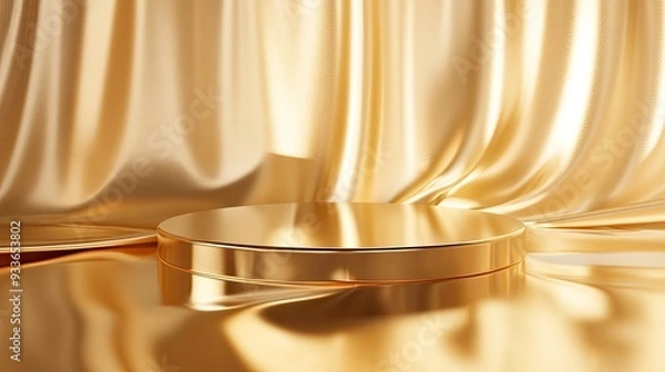Fototapeta A sleek golden 3D platform with a reflective surface, designed to highlight premium products in a sophisticated and glamorous setting