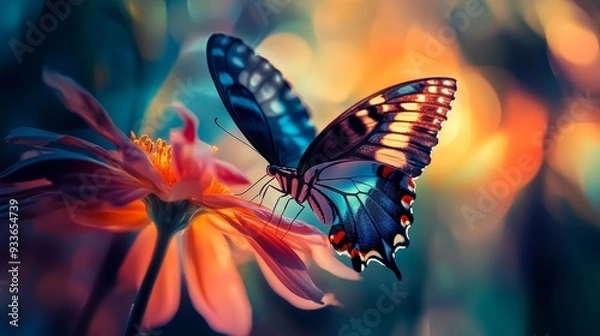 Fototapeta A stunning macro photograph captures a butterfly hovering above a flower, bathed in a play of light and shadow. The vibrant colors and intricate details make it a captivating piece of art.