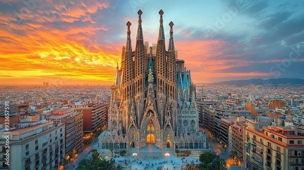 Fototapeta 13. The Sagrada Familia in Barcelona, Spain, glowing with turquoise and gold patterns at dusk. The cathedralâ€™s intricate designs shimmer in the evening light. Cinematic, fantasy style