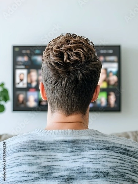 Fototapeta Man Relaxing on Couch Watching Personalized Content on Smart TV