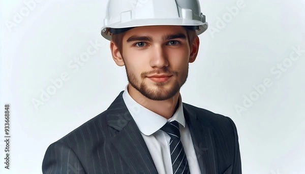 Fototapeta Portrait of a young man in a business suit and hard hat. Studio headshot for engineering, construction, or business concepts
