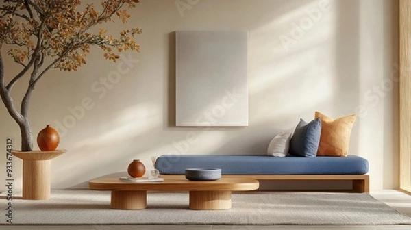 Fototapeta Zen-inspired living room with minimalist decor, natural materials, and a calming color palette