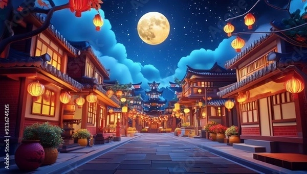 Obraz Mid-autumn festival background banner, city street scene decorated with lanterns and traditional ornaments