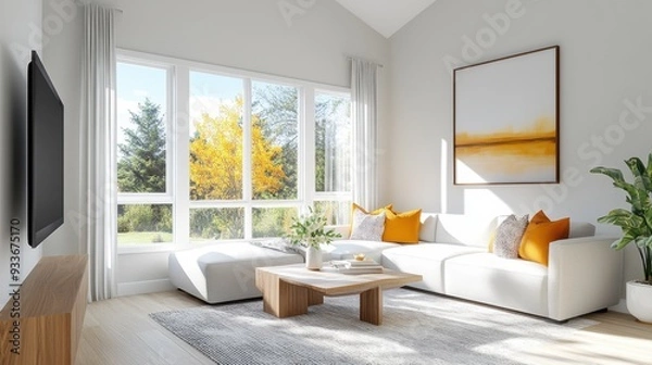 Fototapeta Bright and airy living room with large windows, light furniture, and a cheerful color scheme